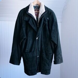 80s/90s/ dark green suede duffel coat with shearling collar